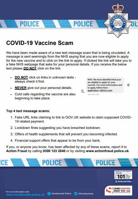 Police poster about covid vaccine scam